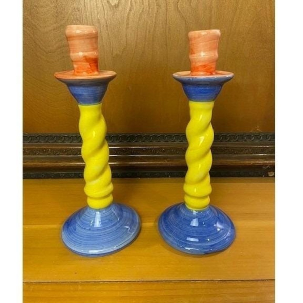 Jay Willfred Andrea by Sadek Candlesticks Pair Portugal Ceramic Yellow Blue 11"